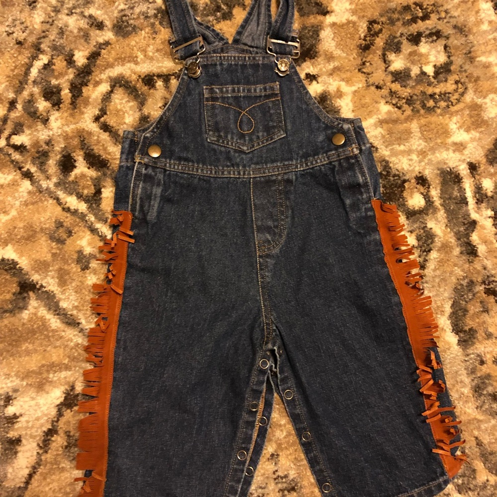 Lil Cattlelac 12 month denim fringe western style cowboy overalls